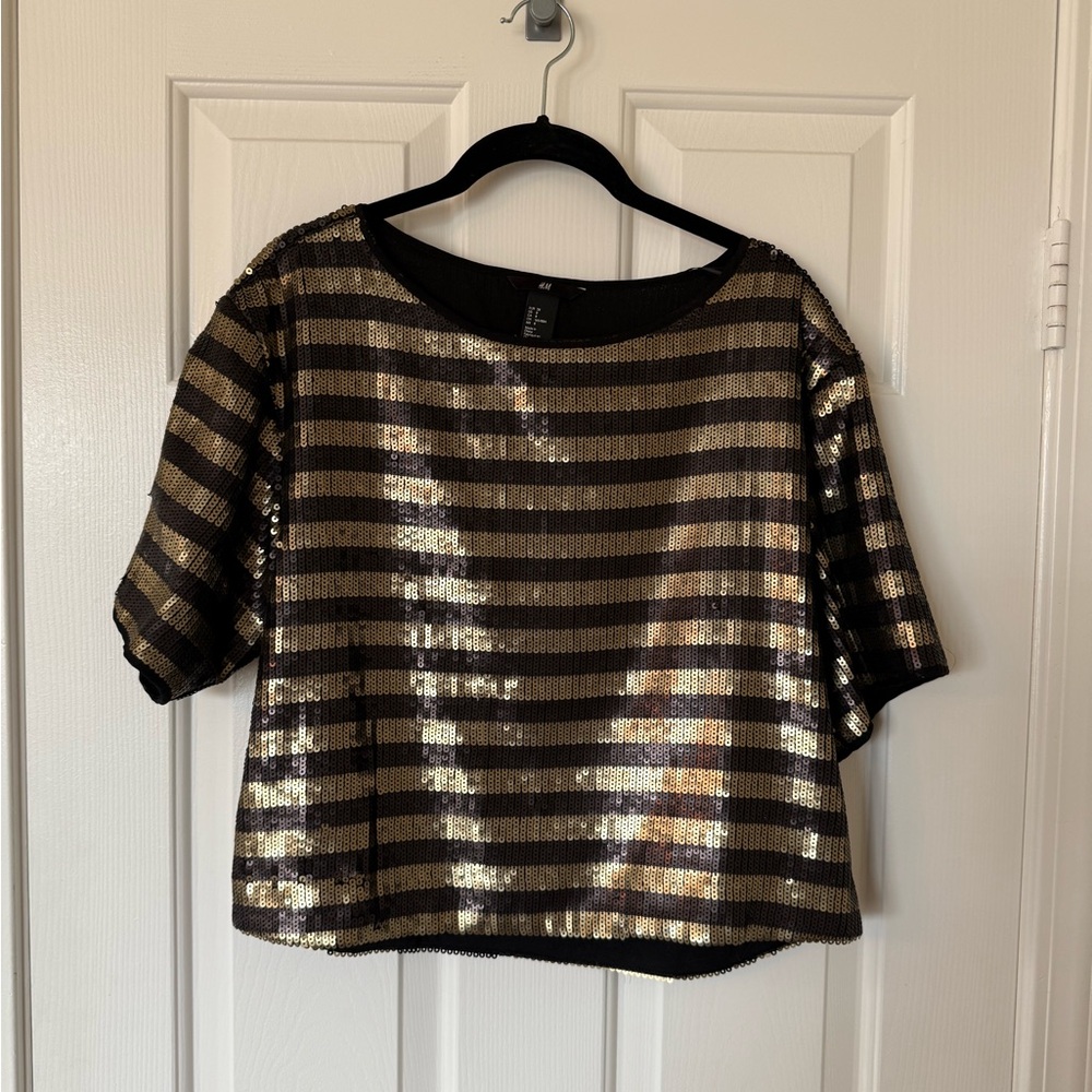 H&M Black and Gold Sequin Short Sleeve Blouse